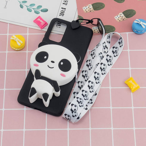 Case Compatible with Samsung Galaxy A12 5G, 3D Cute Animals Pandas Cartoon Soft Black Silicone Wallet Case with Strap