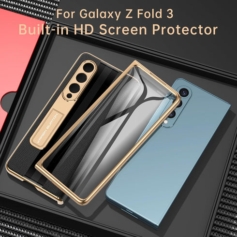 Samsung Galaxy Z Fold 3 Phone Case - Luxury Genuine Leather, Full Body Hinge Protection, Built-in Screen Protector