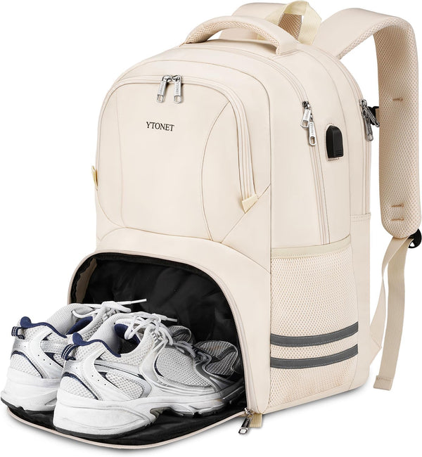 Ytonet Gym Backpack for Men and Women, Travel Bag with Shoe Compartment, USB Charging, Beige