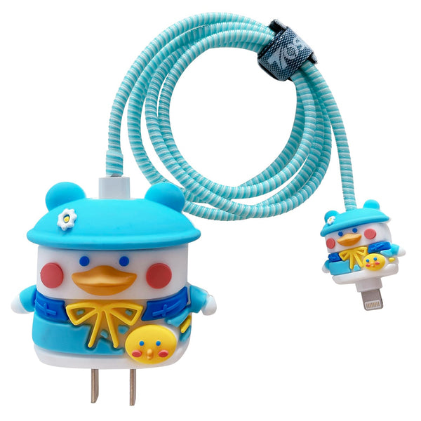 3D Cute Cartoon Charger Protector Case for Apple 20W USB-C Power Adapter and Lightning Cable (Hat Duck)