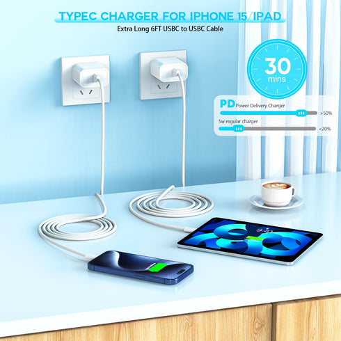 Fast Charger for iPhone 15, 3Pack USB C iPad Charger PD Fast Charger Block with 6FT Long Cable for iPhone 15 and More