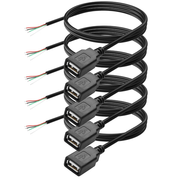 YAODHAOD USB A Female 4 Pin Bare Wire, 5V 2A USB 2.0 Extension Cable for DIY Repair (5pcs)