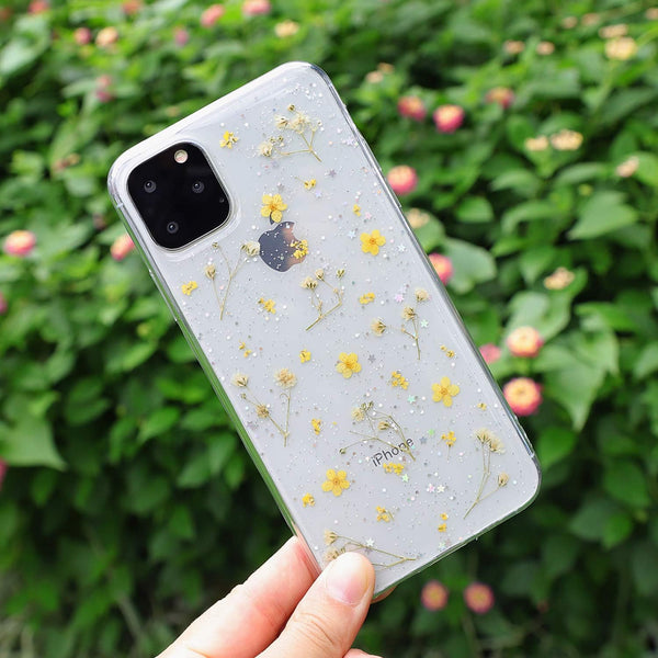 iPhone 15 Plus Flower Case: Soft Clear Rubber with Real Flowers, Glitter Floral Design, Yellow Cover for Girls.
