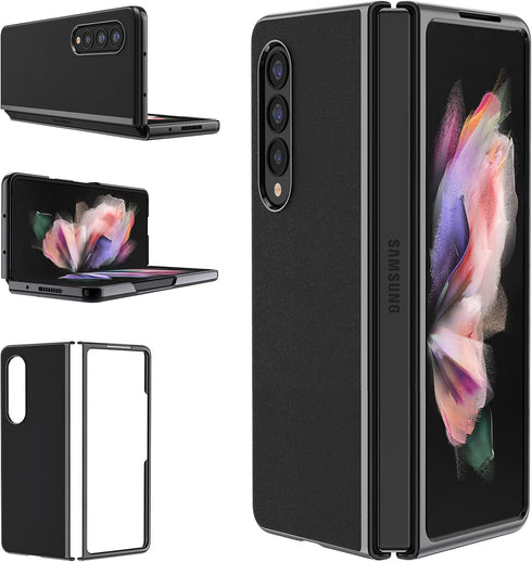 MATEPROX Compatible with Samsung Galaxy Z Fold 3 Case, Slim Lightweight Protective Cover with Leather Back - Black