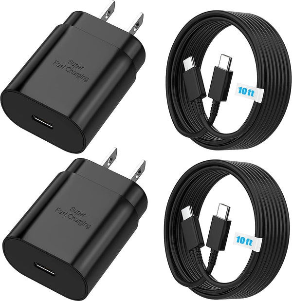 Super Fast Charger 25 Watt for Samsung USB C Block Android Phone Type C Plug Cable Cord 10ft Quick Charging (2Pack)