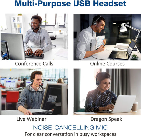 USB Headset with Microphone, Noise Cancelling & Audio Controls, Stereo Computer Headphones for Office