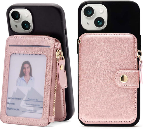 M-Plateau Foldable Phone Wallet, iPhone Card Holder Stick On with Zipper Coin Purse, Fits 6.1 and Above