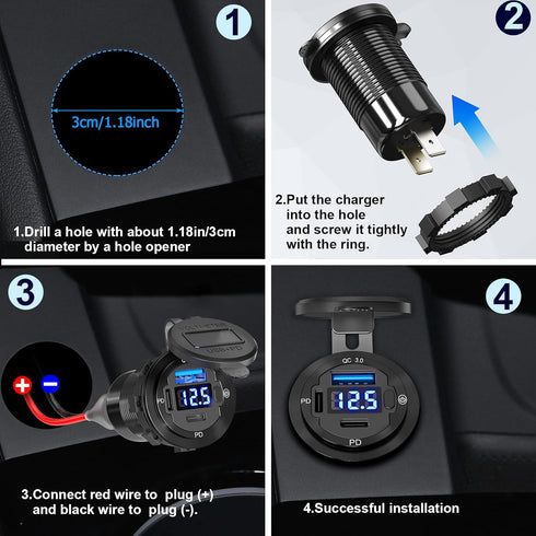 USB C Car Charger Socket, 12V USB Outlet 2 Pack, Aluminum Metal 78W Dual USB-C PD 30W and 18W QC3.0