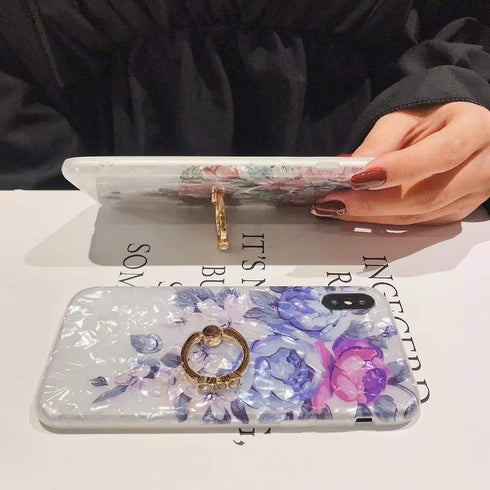Qokey Compatible iPhone 11 Case, Floral Clear Flower Design with 360 Rotating Ring Stand, Brown Flower