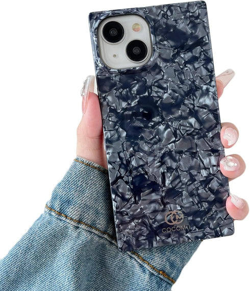 Cocomii Opalescent Pearl Square Case for iPhone 15 - Aesthetic Black, Shockproof, Scratch Resistant, Iridescent Glitter.