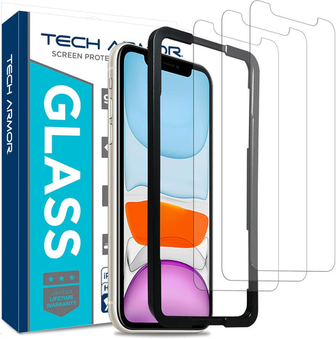 Tech Armor 3 Pack Screen Protector for iPhone 11/XR 6.1" - HD Ballistic Tempered Glass, 9H Hardness, Case Friendly,