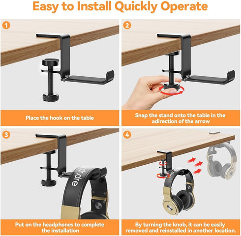 Headphone Hanger Holder Stand - Under Desk Hook with Foldable Space-Saving Aluminum Stand for Gaming PC Accessories