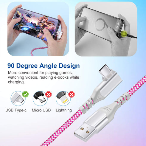 Pofesun 10ft USB C Charger Cable, 3-Pack Right Angle USB A to USB C Cable, Nylon Braided Type C Charger Fast Charging Cord Compatible for Samsung Galaxy S24 S23 Note 20,A71/A70/A52/A51,LG V50 V40 G8