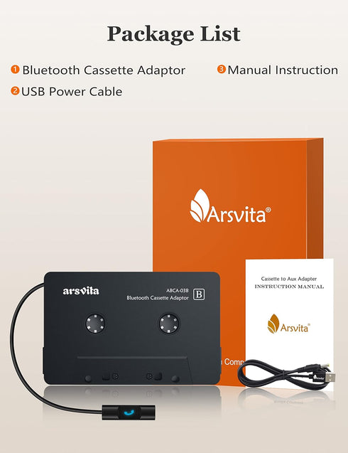arsvita Bluetooth 5.0 Cassette to Aux Adapter for Car, Hands-Free Call, Charcoal Black