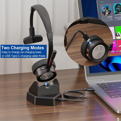 Wireless Bluetooth Headset with Microphone for PC/Computer/Laptop/Cellphone, Bluetooth Headphones with Mic Mute & USB