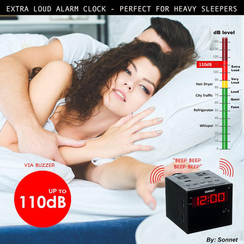 Sonnet Alarm Clock Charging Station, Bluetooth Speaker, AM FM Radio, Dual USB Charging Ports for Heavy Sleepers