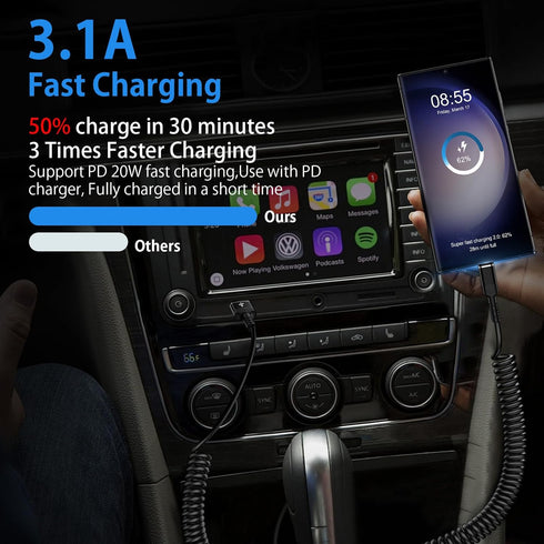 USB to USB C Coiled Cable - Fast Charging for iPhone 16/16 Pro/16 Pro Max/16 Plus/15/15 Pro, 3FT Retractable Cord