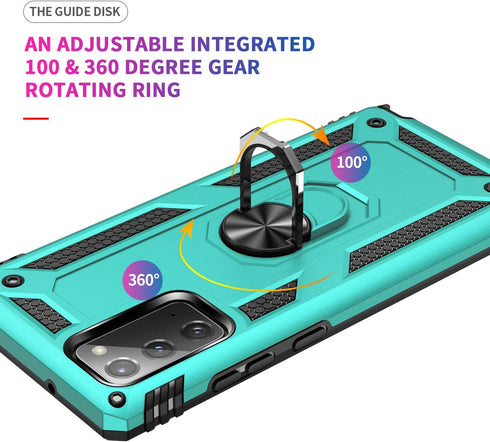 for Samsung Galaxy Note 20 Case, Note20 5G with HD Screen Protectors, Military-Grade Metal Ring Holder Kickstand, Teal