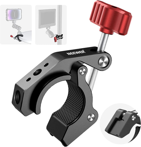 NEEWER Super Clamp with Cold Shoe & 1/4 Inch/3/8 Inch Thread Holes, Max Load 4 kg, Crab Shaped Tripod Holder, Red ST81