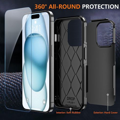 Mysterious Black iPhone 15 Case: Shockproof, 15 FT Military Grade Drop Protection, plus 2X Tempered Glass Screen
