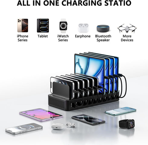 nongxiang 10-Port 100W 10 USB C Charging Station for Multiple Devices, Charging Dock, with Adjustable Dividers, USB-C