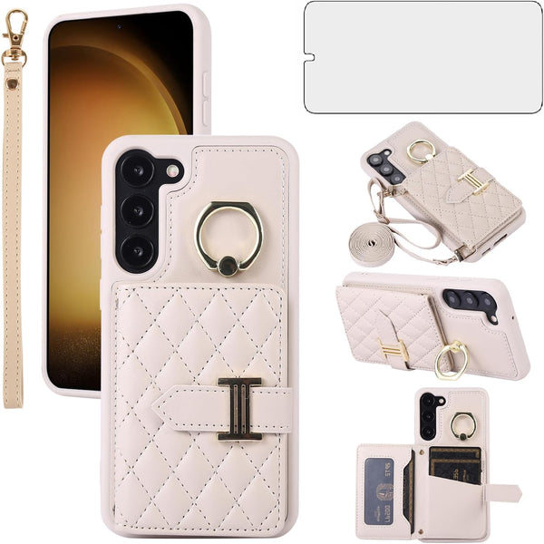 Samsung Galaxy S23 5G Wallet Case with Screen Protector, Ring Stand, Card Holder, Lanyard - Beige for Men & Women.
