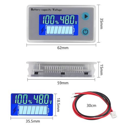 10-100V Battery Monitor LCD, 12V 24V 36V 48V Digital Capacity Voltmeter Tester with Cable