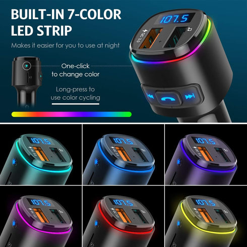 Upgraded Criacr V5.0 Bluetooth FM Transmitter for Car, QC3.0 Charge & 7 RGB Color LED Backlit Adapter