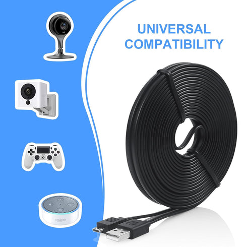 Long 25ft Micro USB Cable - USB to Micro USB Black Cable for PS4 Controller and Security Camera, 2 Pack