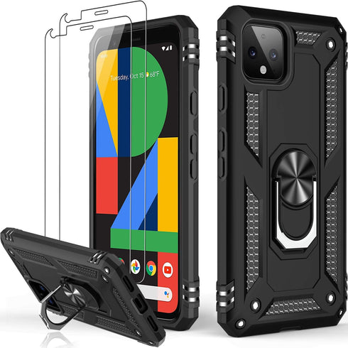 LUMARKE Google Pixel 4 Case with Screen Protector, Military Grade Protective Phone Cover with Magnetic Ring Kickstand,