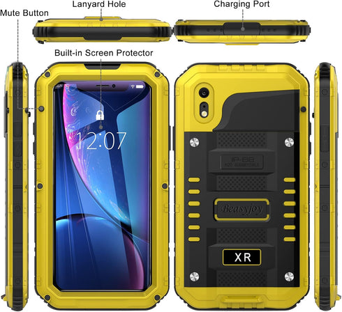 Beasyjoy Metal Case for iPhone XR, Waterproof Heavy Duty with Built-in Screen Protector, Rugged Defender Case (Yellow)