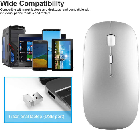 Wireless Mouse, 2.4G Slim Mute Silent Click Optical Mouse with USB Receiver and Type C Adapter for Notebook, PC,