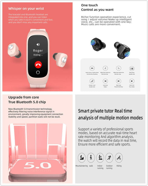 N8 2 in 1 Smartwatch with Earbuds, Smart Bracelet TWS Wireless Bluetooth Headset Combo for Fitness Tracker
