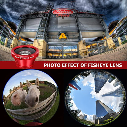 3 in 1 Phone Camera Lens Kit with Clip, Fisheye Lens, Wide Angle Lens, Macro Lens for Smartphones iPhone, Android (Red)