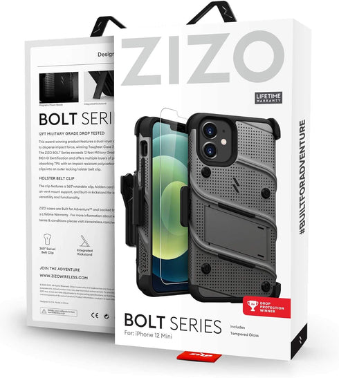 ZIZO Bolt Series Case for iPhone 12 Mini with Screen Protector, Kickstand Holster Lanyard - Gun Metal Gray