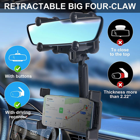 Large Rearview Mirror Phone Holder, 360° Rotatable and Retractable, Anti-Shake Design for All Phones