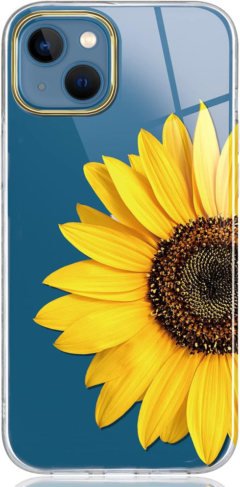BAISRKE Clear Case with Flowers for iPhone 13, Shockproof Floral Pattern Hard Back Cover, Yellow Sunflower