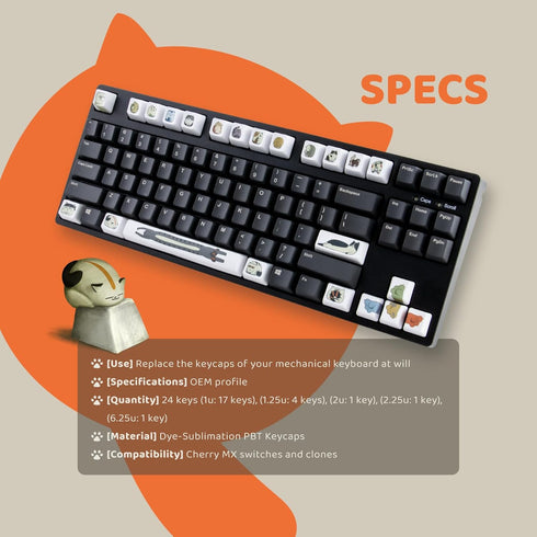 QKA KEEB QKAT KEYCAP, Novelty Kit, OEM Profile, PBT Keycaps, 24 Keys, MX Compatible Switches