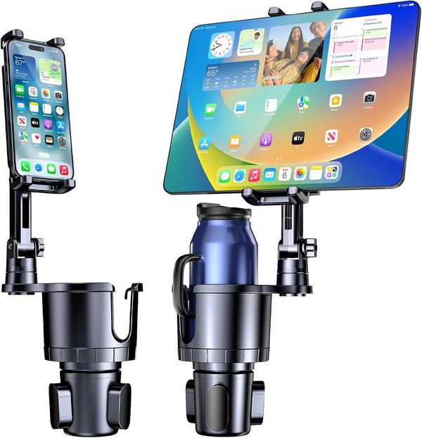 2 in 1 Car Cup Holder Phone Tablet Mount, Adjustable Long Arm with 360° Rotation for All Smartphones and Tablets