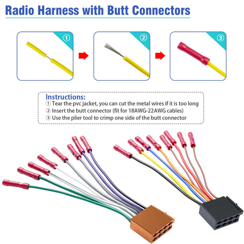 Adapter,16Pin Car Radio Stereo Wiring Harness ISO Radio Wire Harness with Butt Connector Replacement Cable