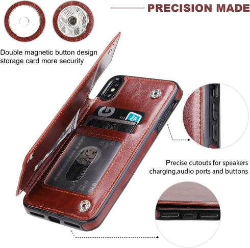 iPhone Xs Max Wallet Case, OT ONETOP Premium PU Leather with Card Holder, Brown, 6.5 Inch