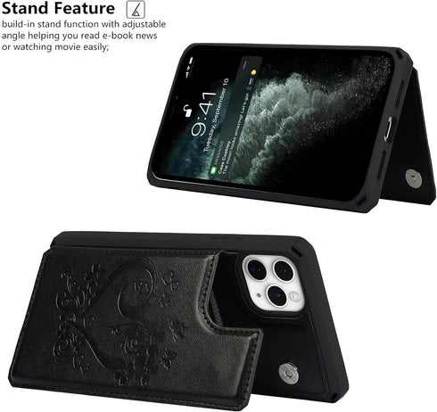 iCoverCase Wallet Phone Case for iPhone 11 Pro Max, RFID Blocking Card Holder, Embossed PU Leather with Wrist Strap