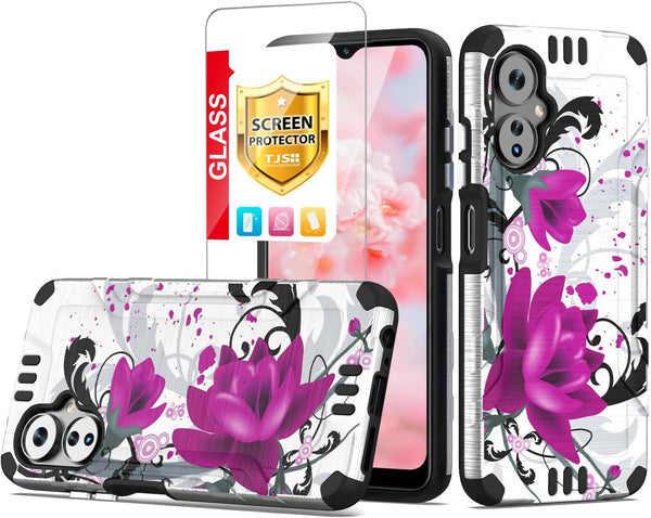 TJS Hybrid Shockproof Case for Boost Mobile Celero 5G 2024 (3rd Version), Metallic Brush Finish with Tempered Glass