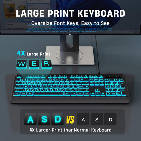 Large Print Keyboard - 7 Interchangeable Backlight Colors, Light Up USB Wired Computer Keyboards, USB Plug-and-Play,