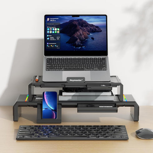 Dual Monitor Stand for Desk, Foldable Riser with RGB Light, Computer Monitor Stand Riser, Desktop Organizers (Black)