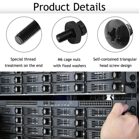 50-Pack M6 x 16mm Computer Rack Mount Cage Screws, Nuts & Washers for Rack Mount Server Cabinet, Black