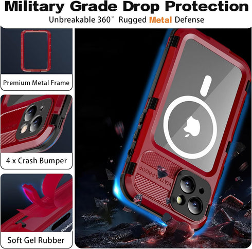 iPhone 15 Waterproof Case Compatible with MagSafe - Metal Heavy Duty IP68 Underwater Case, Red