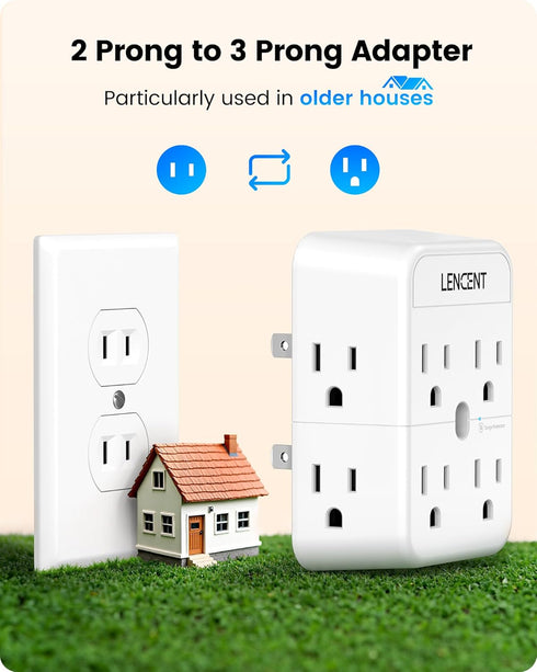 LENCENT 2 Prong Power Strip, 3 to 2 Prong Outlet Adapter, Surge Protector, Compact Wall Plug Splitter Tap for