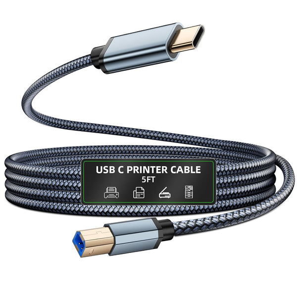 Printer Cable USB B to USB C 5ft, Nylon Braided Type B