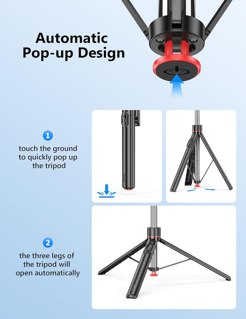 qirita 70" 1/4" Extendable Selfie Stick Tripod, Automatic Phone Tripod with Magnetic Remote & Screw, Lightweight Travel